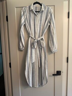 cloth & stone Blue and White Striped Midi Shirt Dress